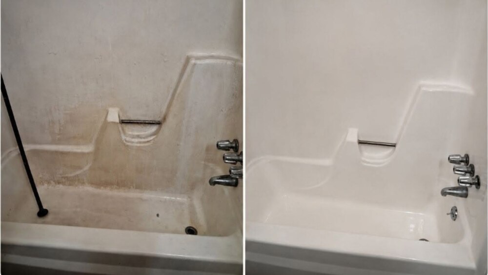 Before and after cleaning of a bathtub and shower