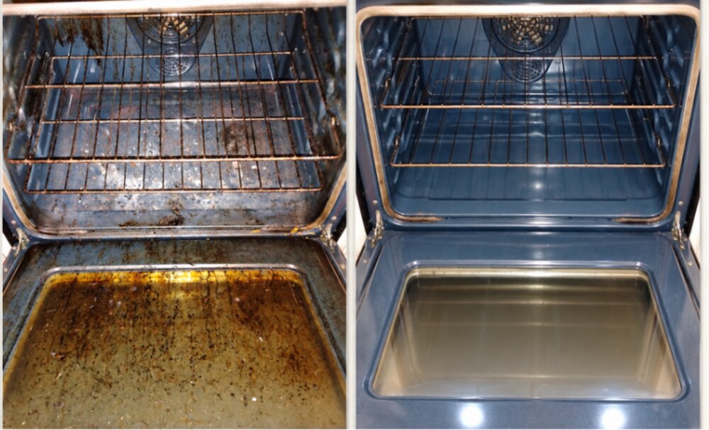 Oven before cleaning next to the same oven after cleaning